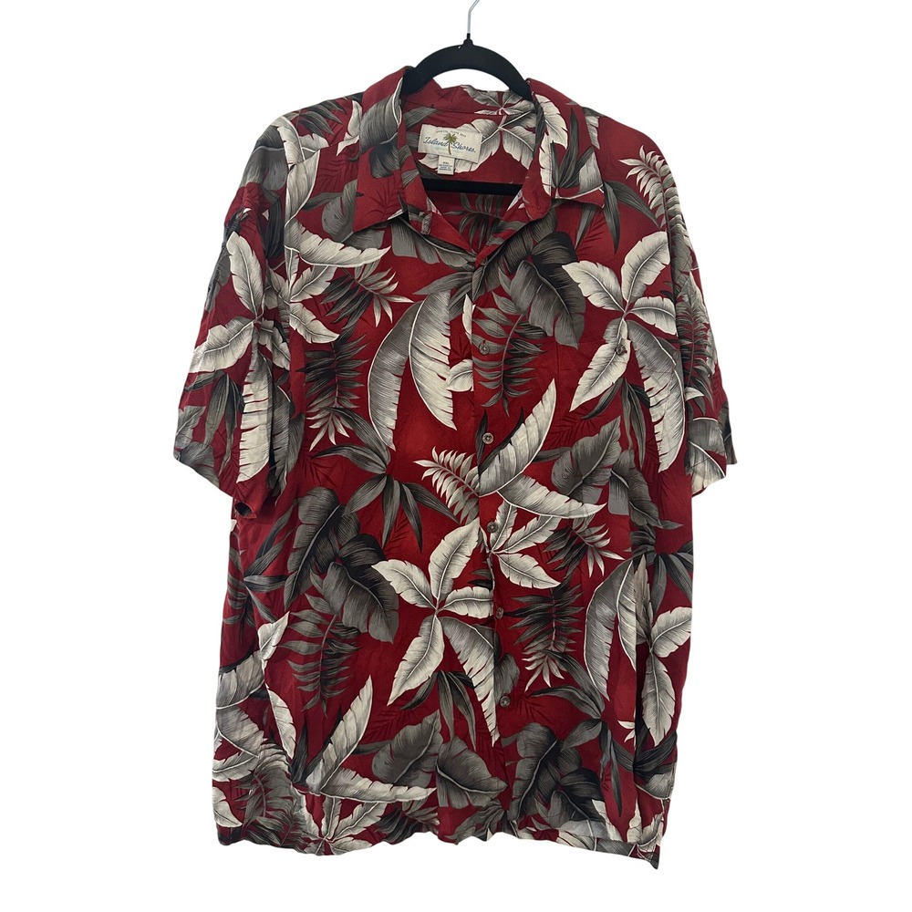 Island Shores Men XXL Red Tropical Palm Leaf Print Short Sleeve Shirt Aloha